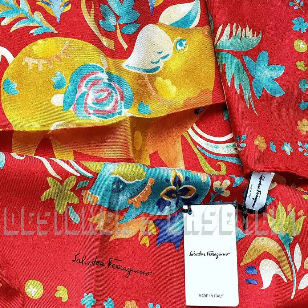 SALVATORE FERRAGAMO red floral Fortuna YEAR OF THE PIG silk scarf NWT+envelope🎁 - Picture 3 of 6